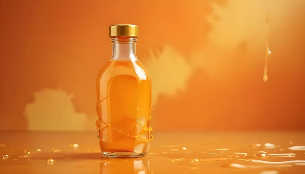 A Close Up Shot Of An Orange Glass Bottle With A Gold Cap Surrounded By Orange And Yellow Splashes Of Liquid Against A Blurred Orange Background 13