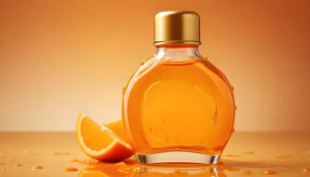 A Close Up Shot Of An Orange Glass Bottle With A Gold Cap Surrounded By Orange And Yellow Splashes Of Liquid Against A Blurred Orange Background 14