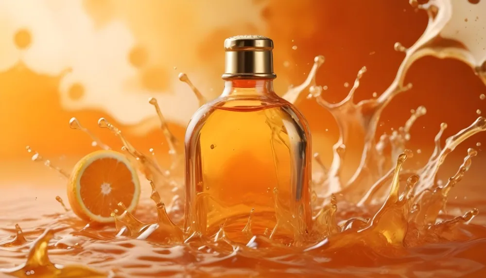 A Close Up Shot Of An Orange Glass Bottle With A Gold Cap Surrounded By Orange And Yellow Splashes Of Liquid Against A Blurred Orange Background 15 1c17