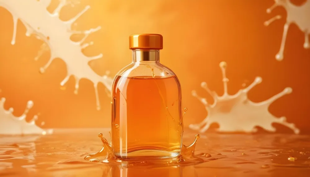 A Close Up Shot Of An Orange Glass Bottle With A Gold Cap Surrounded By Orange And Yellow Splashes Of Liquid Against A Blurred Orange Background 16