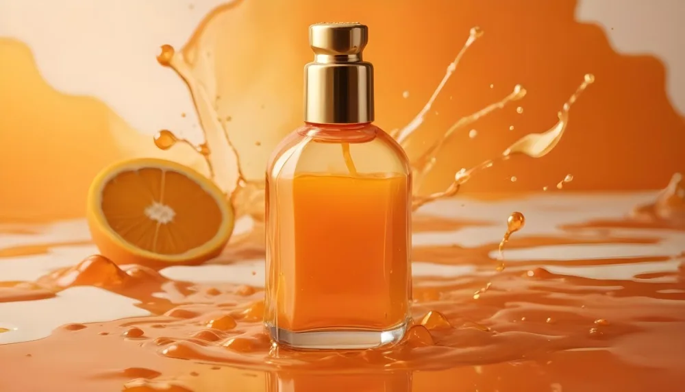 A Close Up Shot Of An Orange Glass Bottle With A Gold Cap Surrounded By Orange And Yellow Splashes Of Liquid Against A Blurred Orange Background 23 A1ed