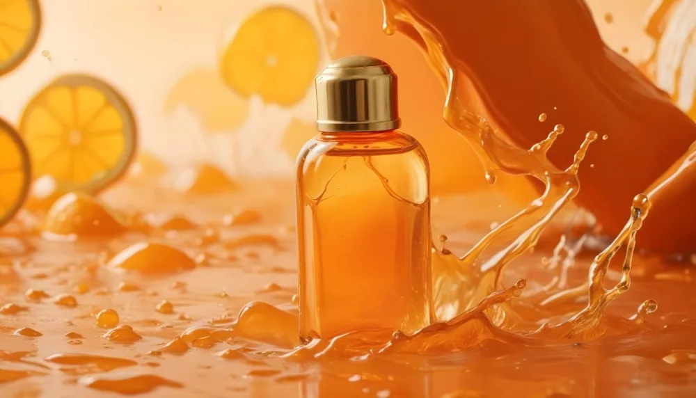 A Close Up Shot Of An Orange Glass Bottle With A Gold Cap Surrounded By Orange And Yellow Splashes Of Liquid Against A Blurred Orange Background 3