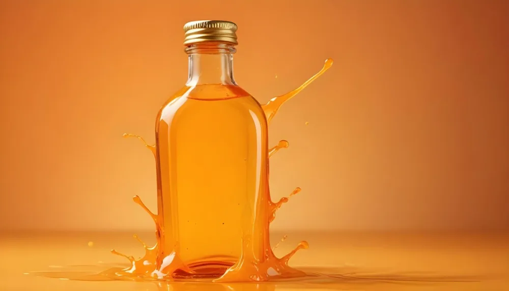 A Close Up Shot Of An Orange Glass Bottle With A Gold Cap Surrounded By Orange And Yellow Splashes Of Liquid Against A Blurred Orange Background 5 83f9