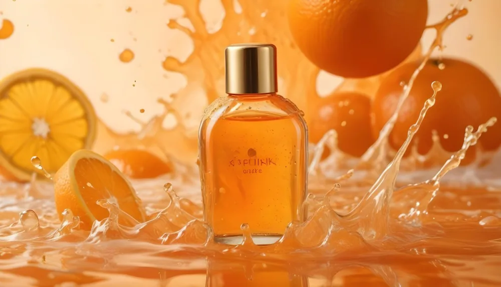 A Close Up Shot Of An Orange Glass Bottle With A Gold Cap Surrounded By Orange And Yellow Splashes Of Liquid Against A Blurred Orange Background 6 1695
