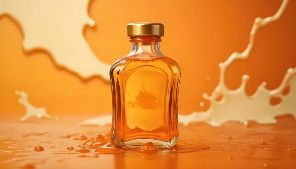 A Close Up Shot Of An Orange Glass Bottle With A Gold Cap Surrounded By Orange And Yellow Splashes Of Liquid Against A Blurred Orange Background 7 D4a3