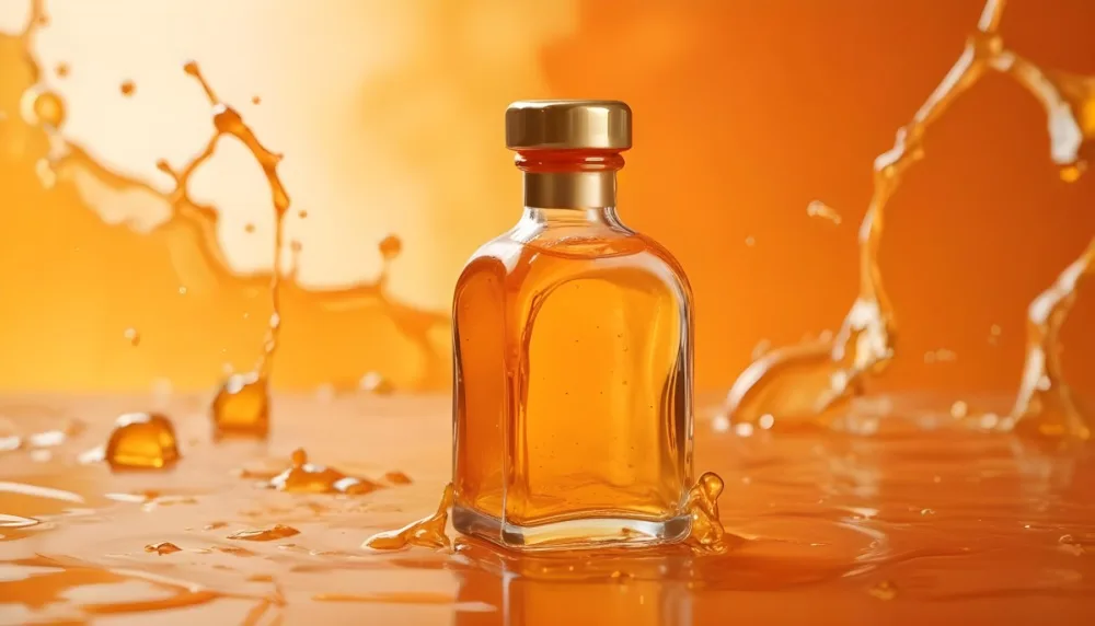 A Close Up Shot Of An Orange Glass Bottle With A Gold Cap Surrounded By Orange And Yellow Splashes Of Liquid Against A Blurred Orange Background 8 6e73