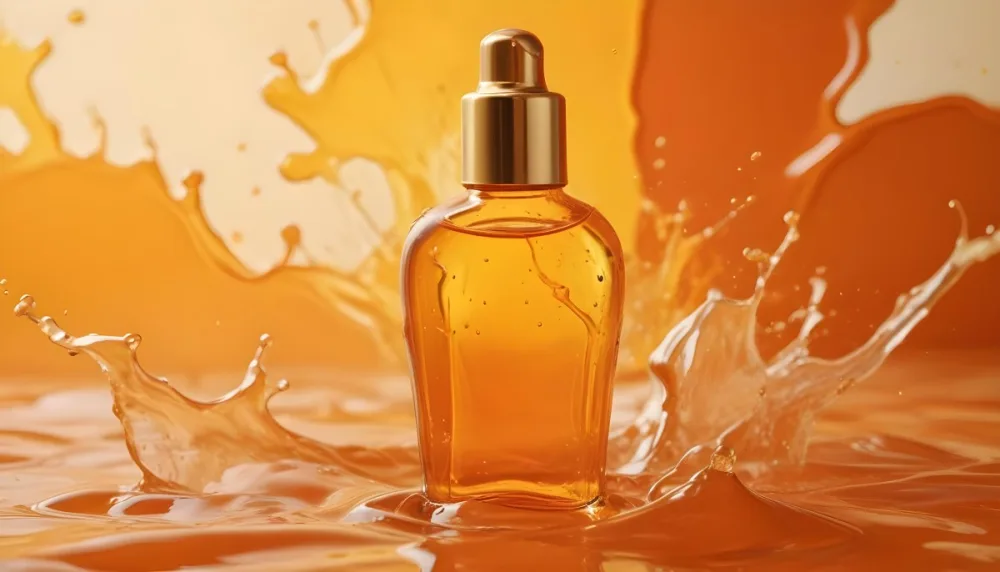 A Close Up Shot Of An Orange Glass Bottle With A Gold Cap Surrounded By Orange And Yellow Splashes Of Liquid Against A Blurred Orange Background 9 8531