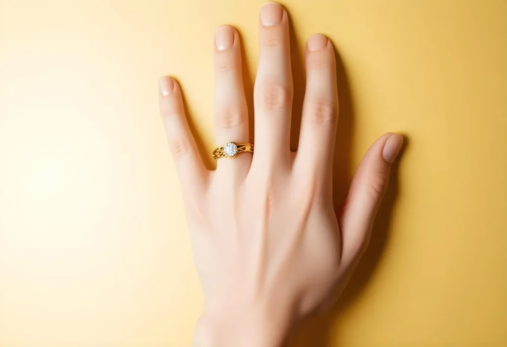 A Close Up View Of A Hand With A Ring On One Of The Fingers Against A Yellow Background 3 Da18