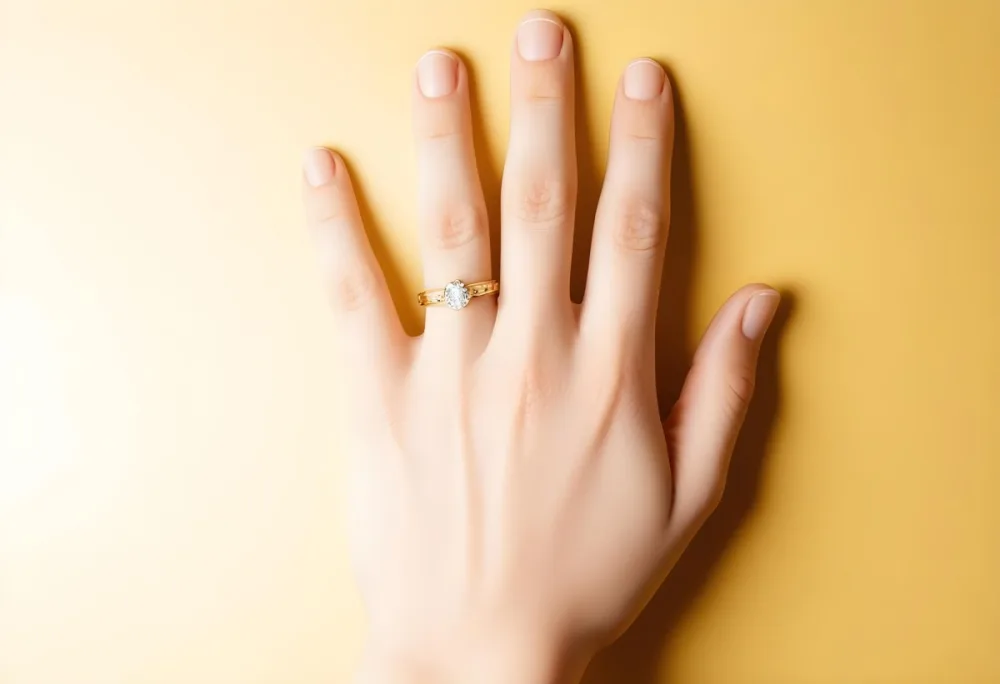 A Close Up View Of A Hand With A Ring On One Of The Fingers Against A Yellow Background 4 6036