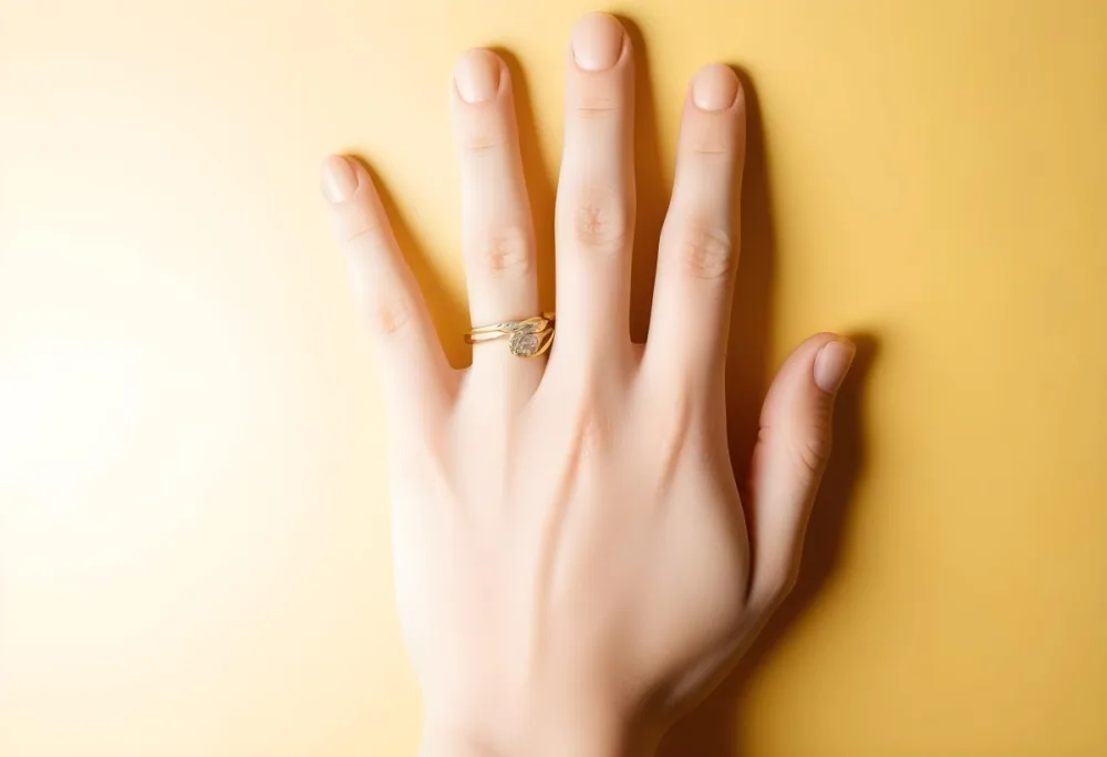 A Close Up View Of A Hand With A Ring On One Of The Fingers Against A Yellow Background 7 6102