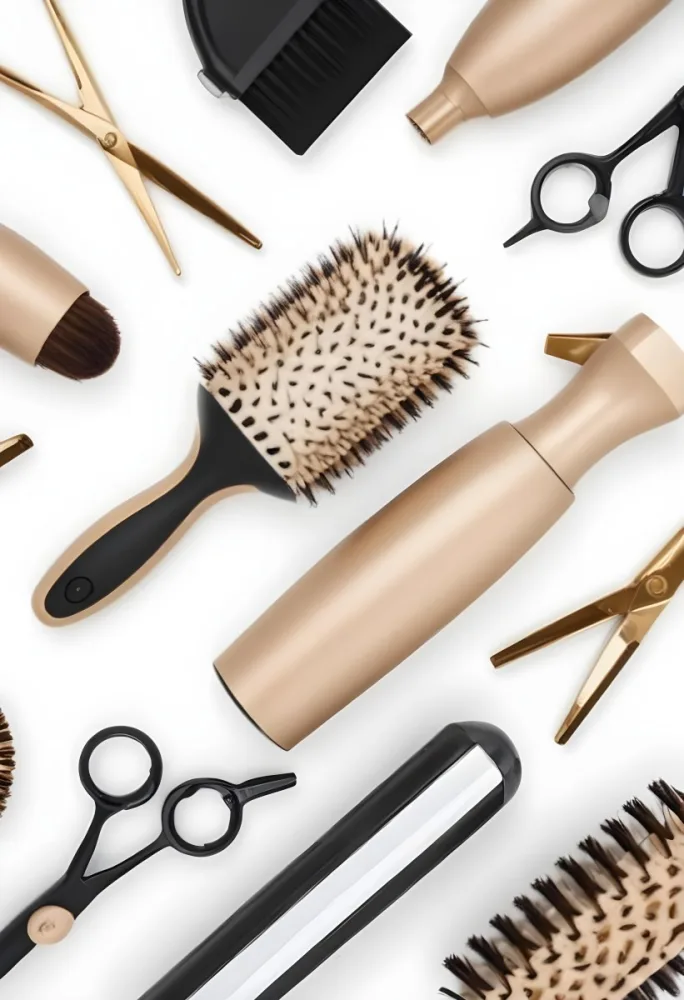 A Collection Of Hair Styling Tools Including A Round Brush Hair Dryer And Brush On A White Background 1