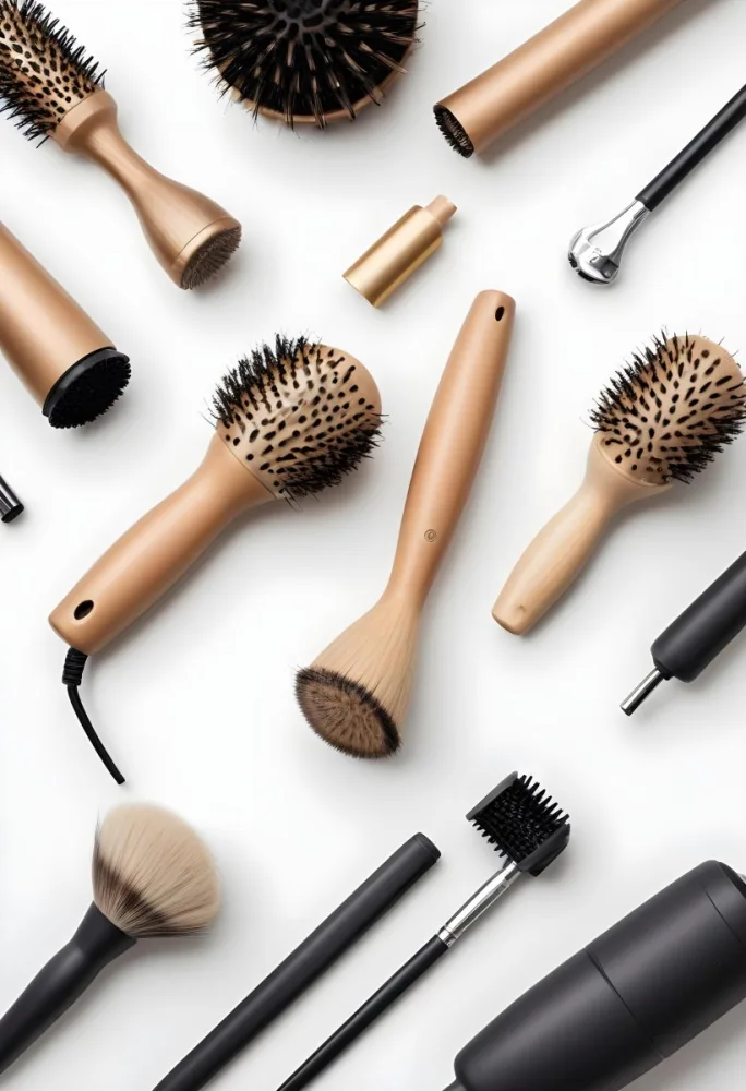 A Collection Of Hair Styling Tools Including A Round Brush Hair Dryer And Brush On A White Background 8 C11b