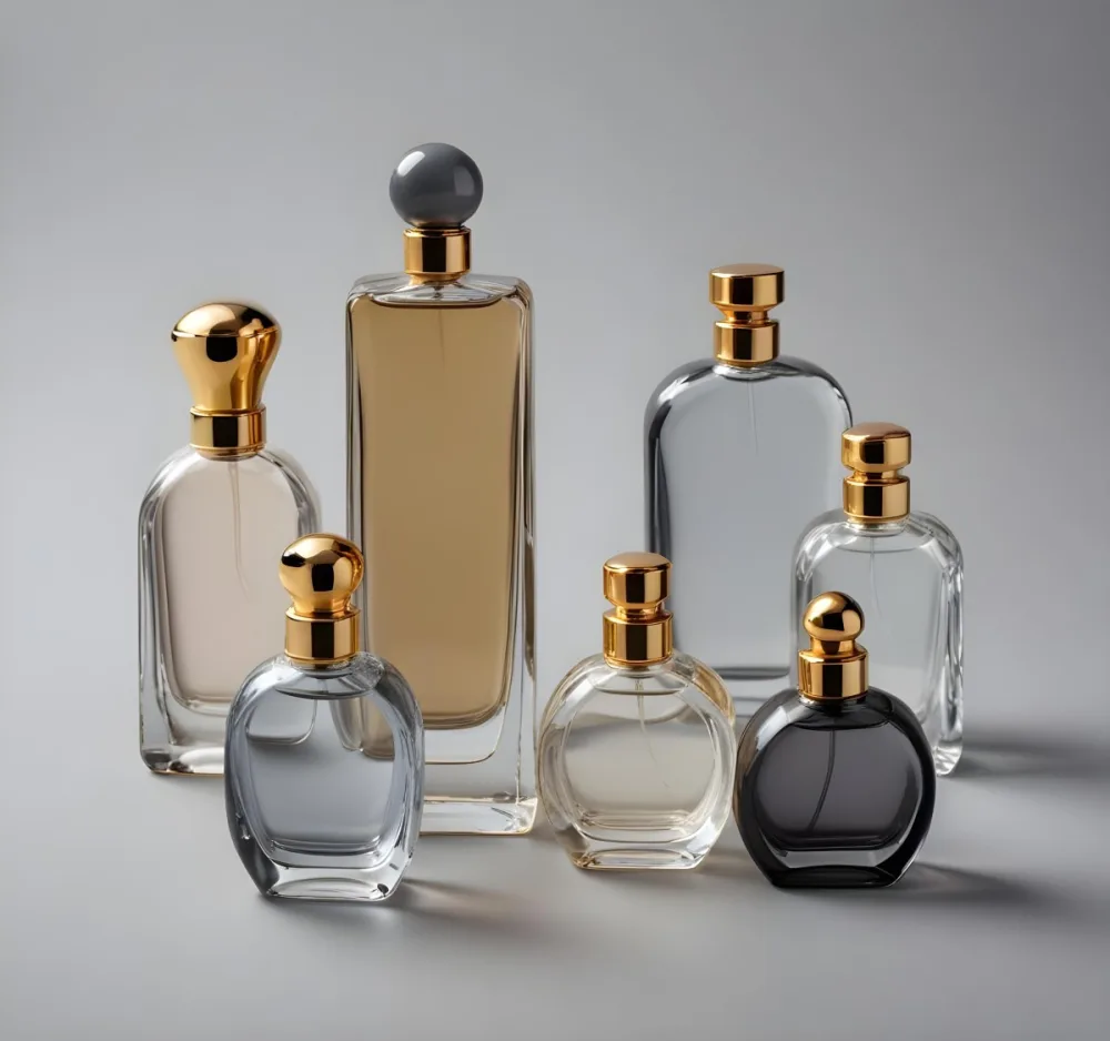 A Collection Of Luxury Glass Perfume Bottles With Gold Colored Caps And Accents Arranged On A Gray Background 15 8515
