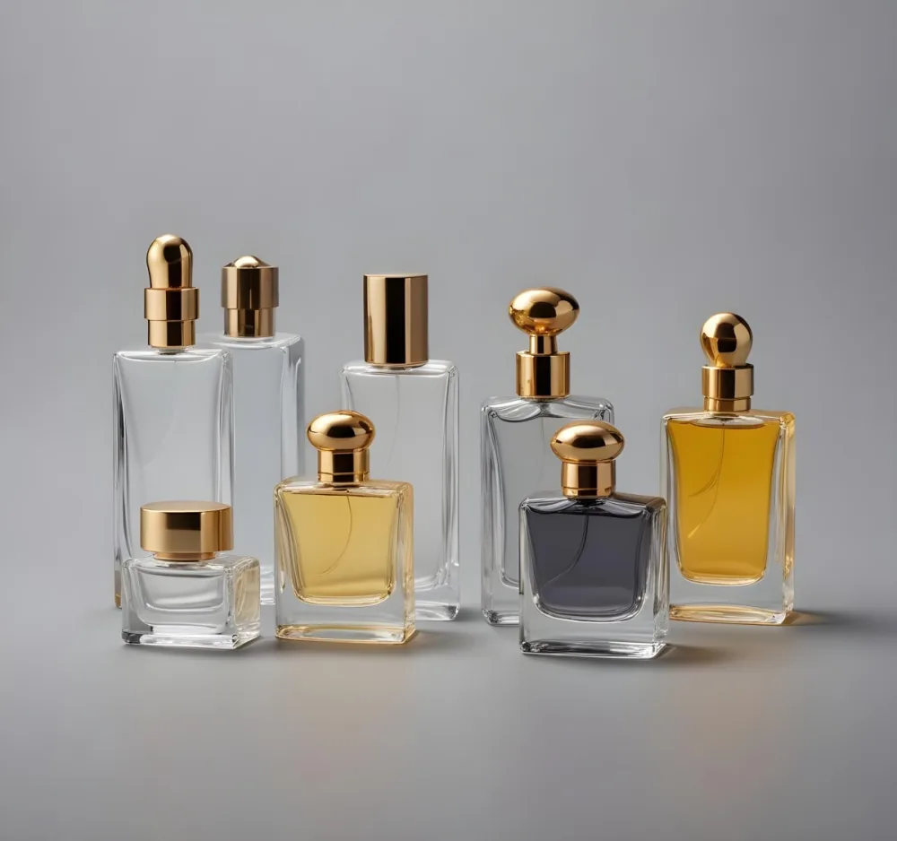 A Collection Of Luxury Glass Perfume Bottles With Gold Colored Caps And Accents Arranged On A Gray Background 16 C5a7