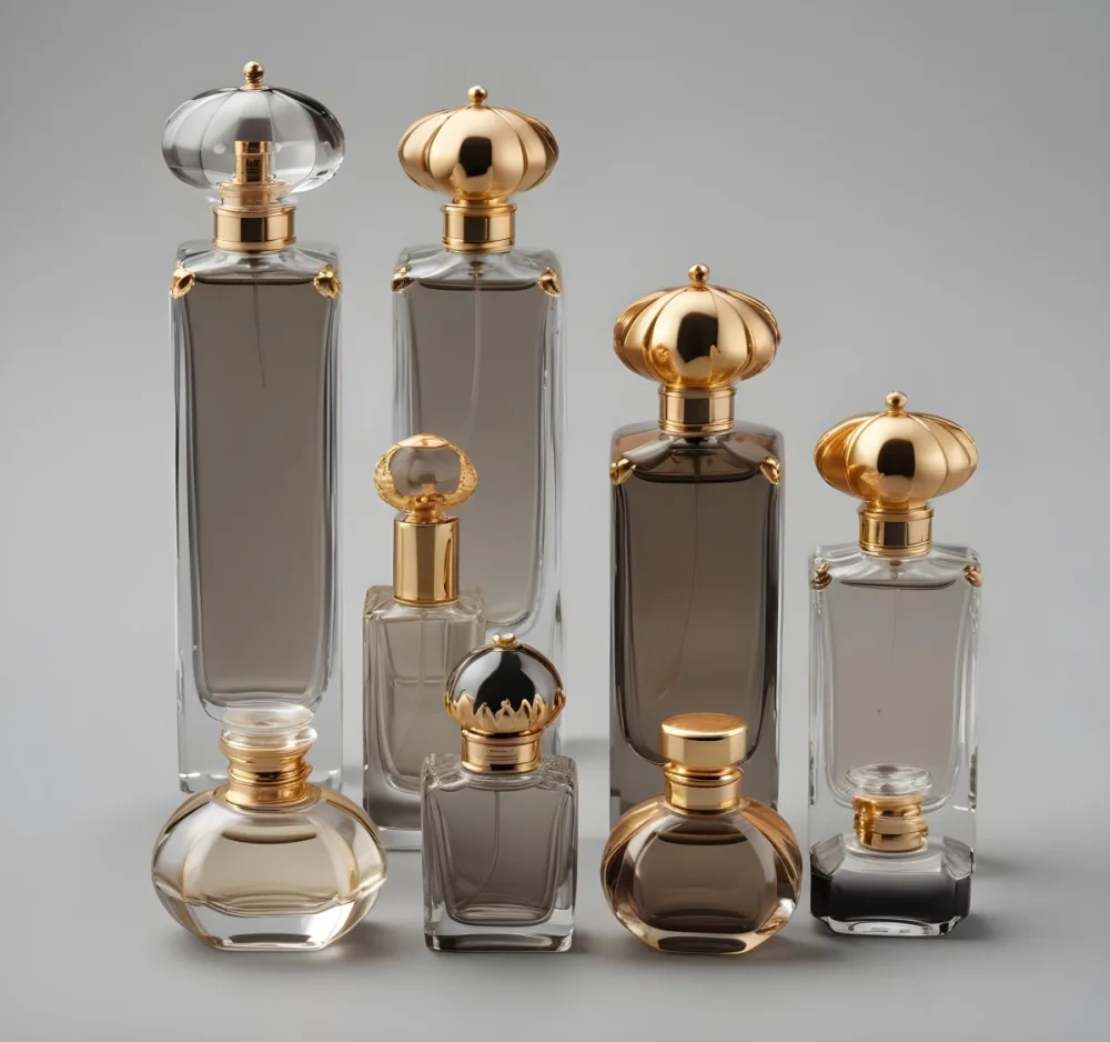 A Collection Of Luxury Glass Perfume Bottles With Gold Colored Caps And Accents Arranged On A Gray Background 27 316f