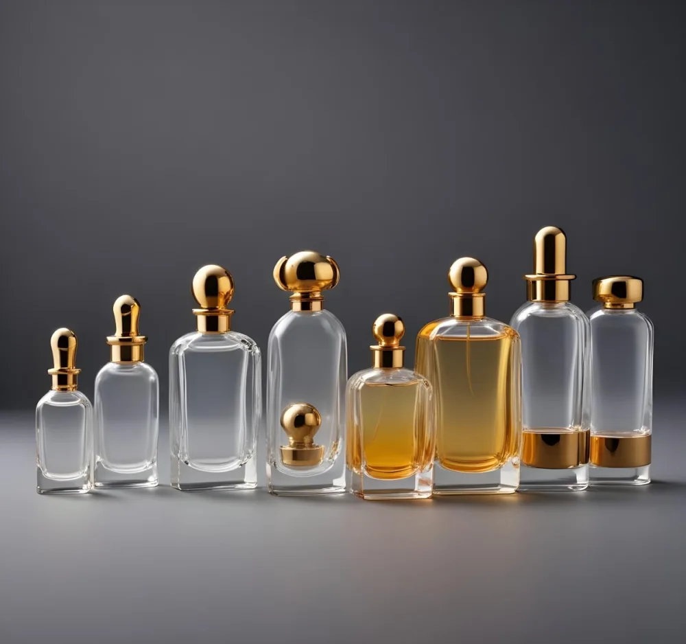 A Collection Of Luxury Glass Perfume Bottles With Gold Colored Caps And Accents Arranged On A Gray Background 5 3262