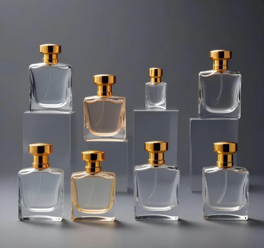 A Collection Of Luxury Glass Perfume Bottles With Gold Colored Caps And Accents Arranged On A Gray Background 6 2949