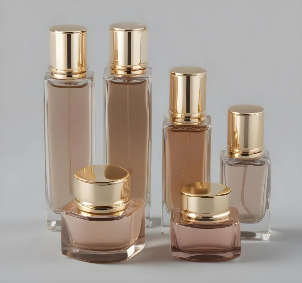 A Collection Of Luxury Glass Perfume Bottles With Gold Colored Caps And Accents Arranged On A Gray Background 8 Ea8b