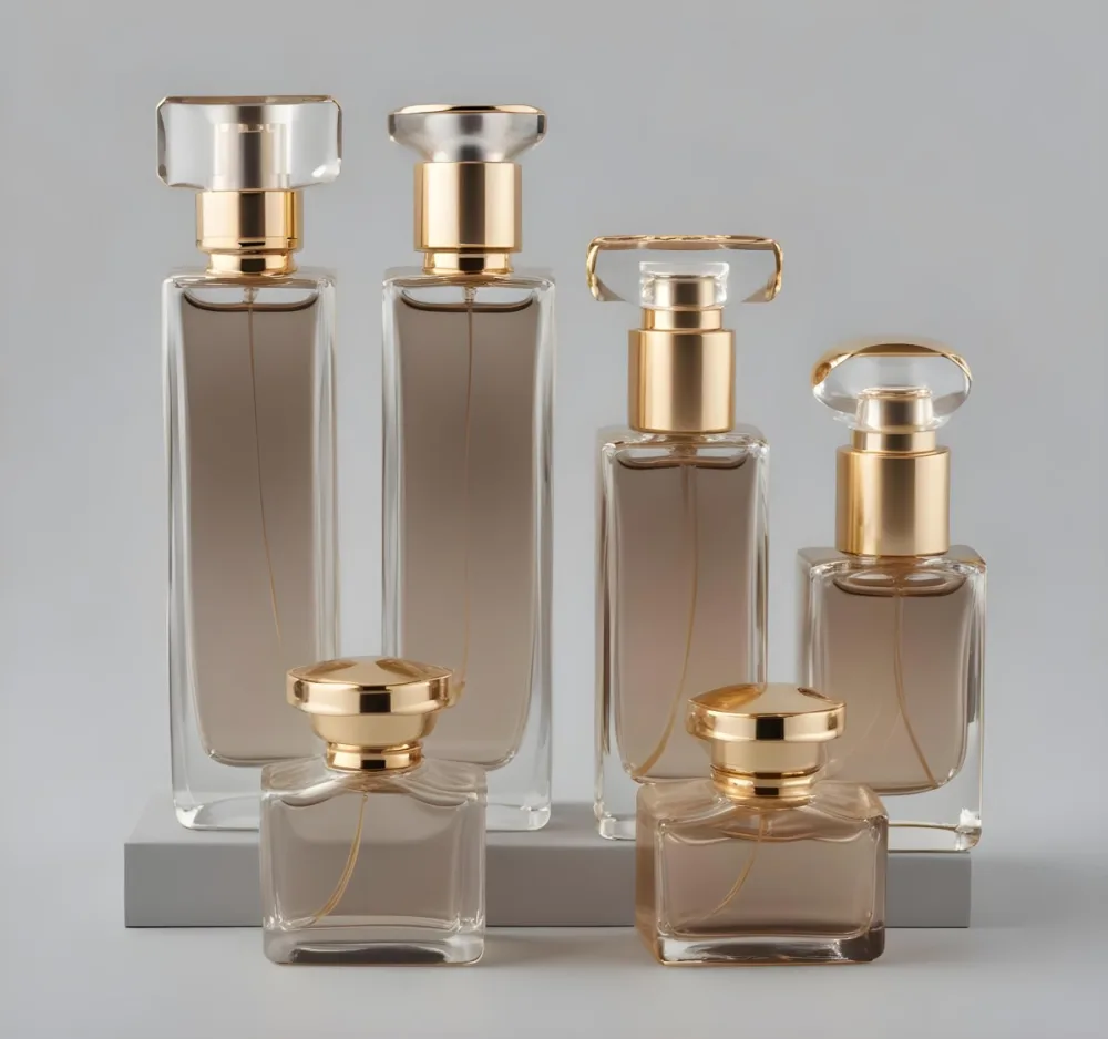 A Collection Of Luxury Glass Perfume Bottles With Gold Colored Caps And Accents Arranged On A Gray Background 9 8cf8