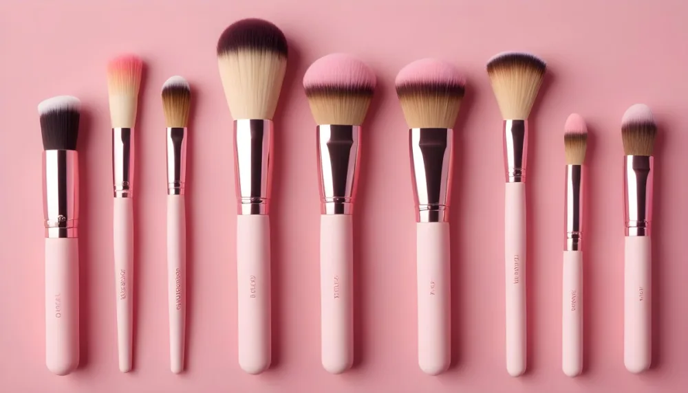 A Collection Of Makeup Brushes And Blush Products Arranged Neatly On A Pink Background The Brushes Have Soft Bristles With Pink And White Tips And The Handles Are Light Pink There Are Two Blush Compacts One Round A 10 0222