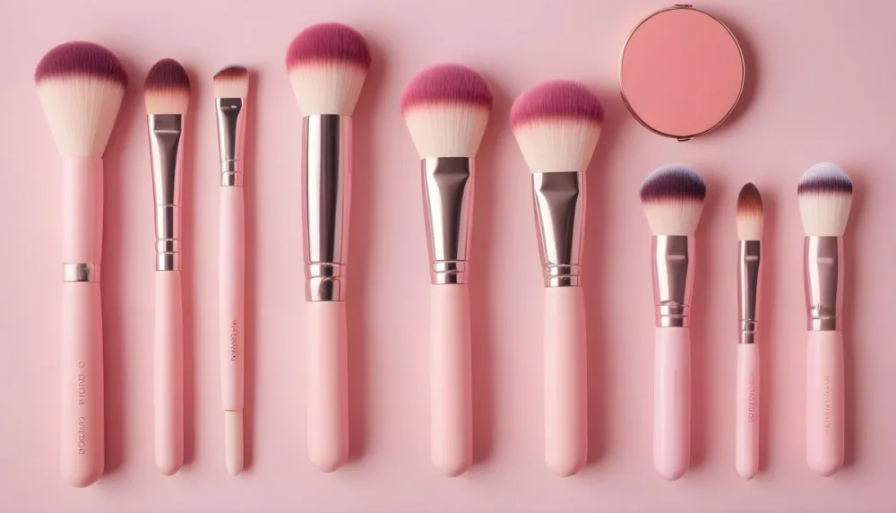 A Collection Of Makeup Brushes And Blush Products Arranged Neatly On A Pink Background The Brushes Have Soft Bristles With Pink And White Tips And The Handles Are Light Pink There Are Two Blush Compacts One Round A 17 60af