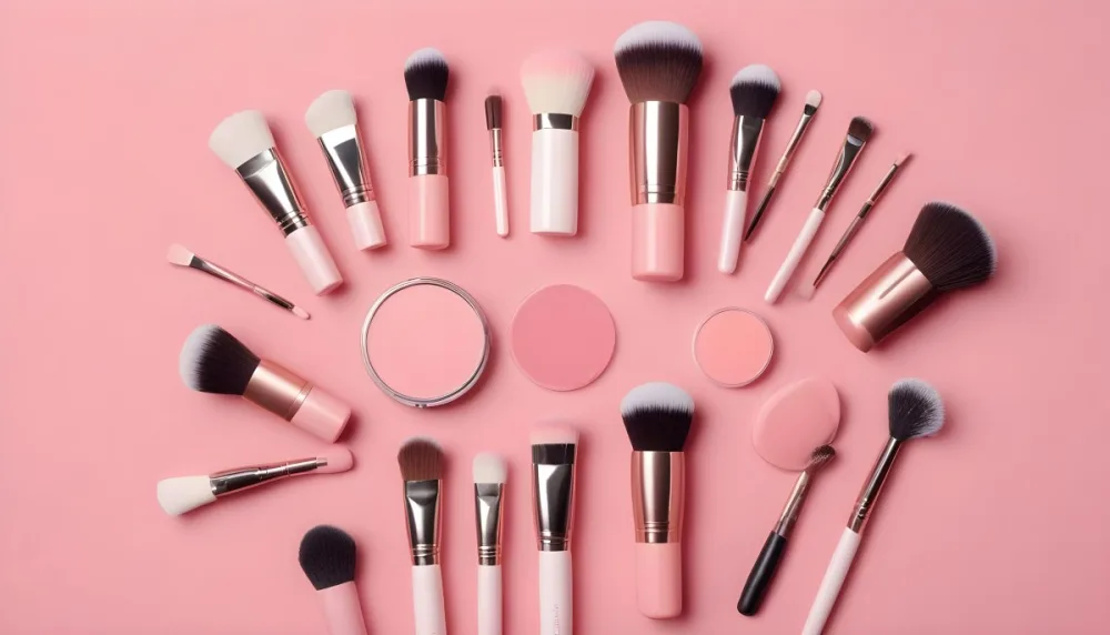 A Collection Of Makeup Brushes And Blush Products Arranged Neatly On A Pink Background The Brushes Have Soft Bristles With Pink And White Tips And The Handles Are Light Pink There Are Two Blush Compacts One Round A 6 210f