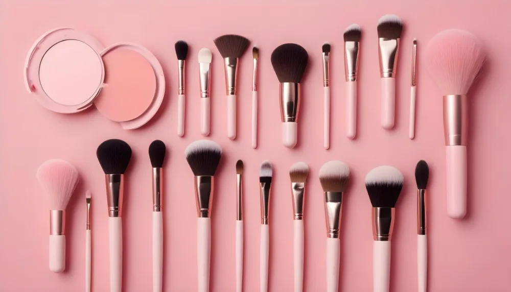 A Collection Of Makeup Brushes And Blush Products Arranged Neatly On A Pink Background The Brushes Have Soft Bristles With Pink And White Tips And The Handles Are Light Pink There Are Two Blush Compacts One Round A 7 D506