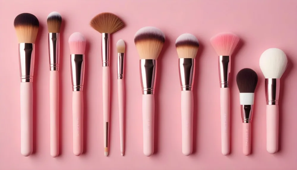 A Collection Of Makeup Brushes And Blush Products Arranged Neatly On A Pink Background The Brushes Have Soft Bristles With Pink And White Tips And The Handles Are Light Pink There Are Two Blush Compacts One Round A 8 A02a