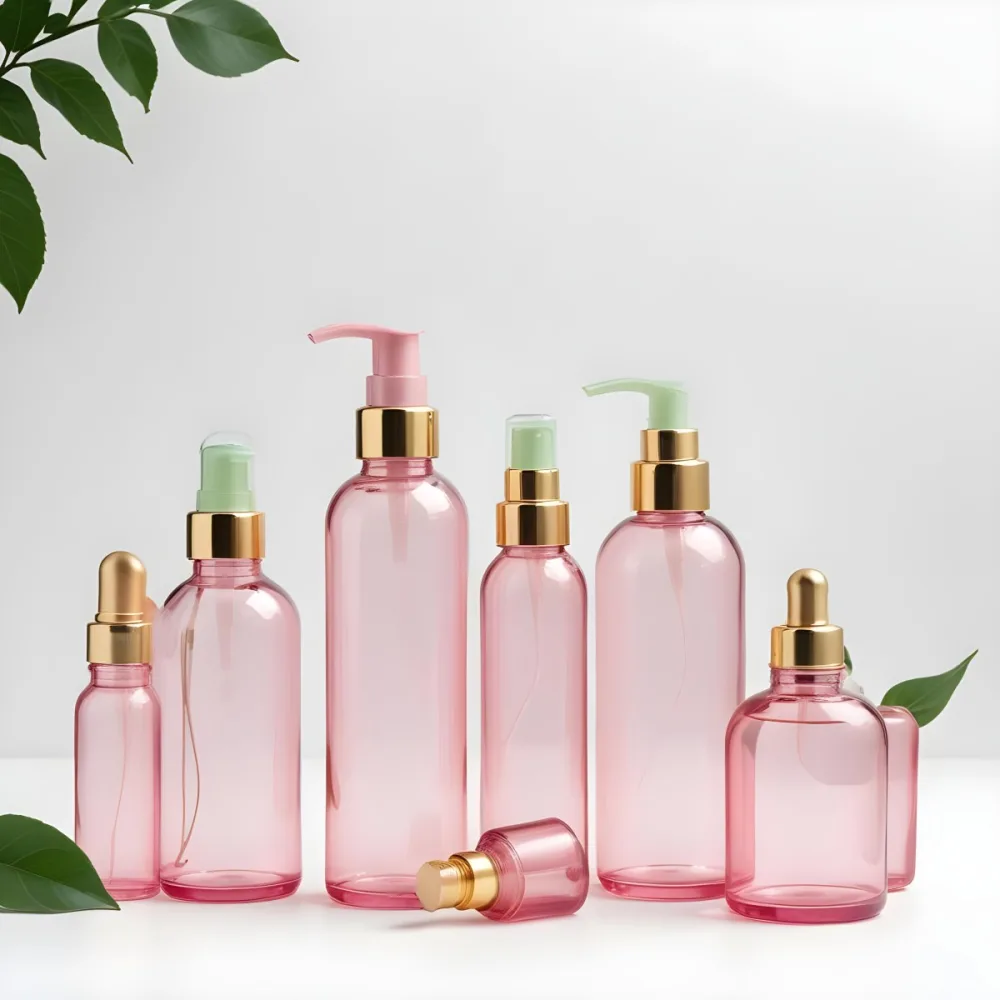 A Collection Of Pink Glass Cosmetic Bottles And Jars With Gold Caps Surrounded By Green Leaves On A White Background 11