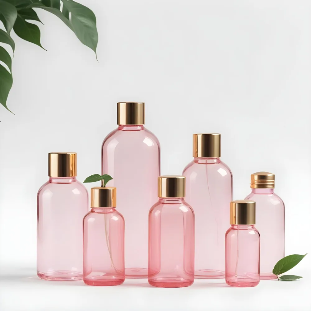A Collection Of Pink Glass Cosmetic Bottles And Jars With Gold Caps Surrounded By Green Leaves On A White Background 16