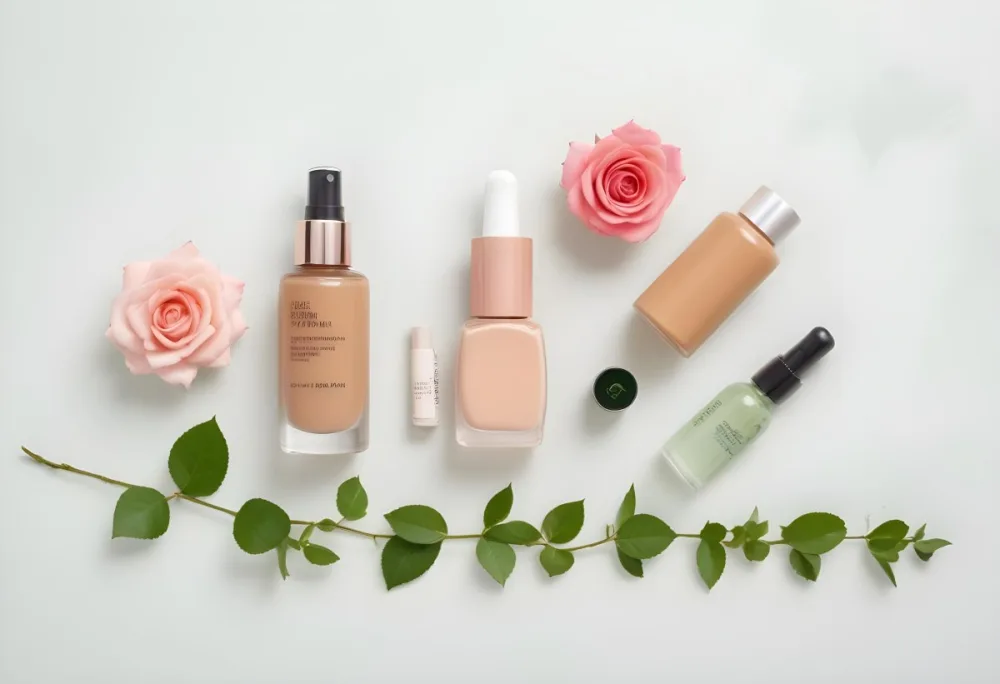 A Collection Of Various Cosmetic Products Including A Glass Bottle Of Foundation A Pink Rose Flower Green Berries And A Green Leaf On A Light Background 38 Db9c