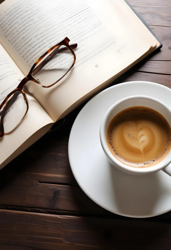 A Cup Of Coffee On A Wooden Table Next To An Open Book And A Pair Of Glasses 10 268c F458
