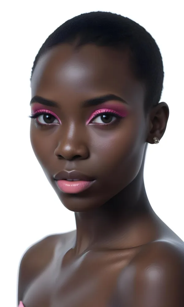 A Dark Skinned African Woman 22 Years Old Short Black Hair Pink Makeup Looking At The Camera In A Black Background 32 5fc6