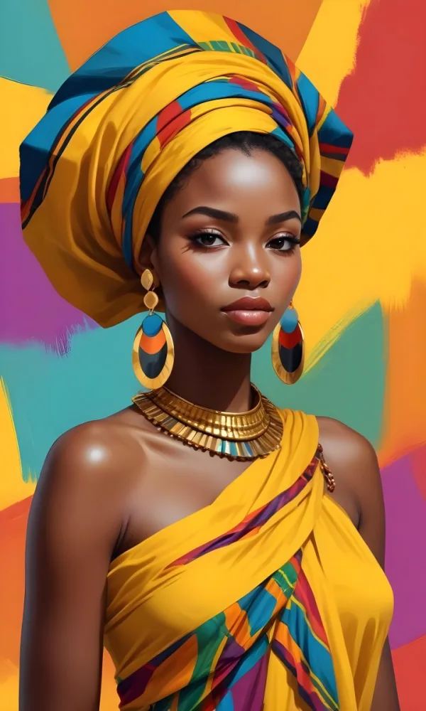 A Dark Skinned African Woman 23 Years Old With A Colorful Headdress And Big Golden Earrings Wearing A Yellow Dress With A Colorful Scarf In A Colorful Background 1 E3bc