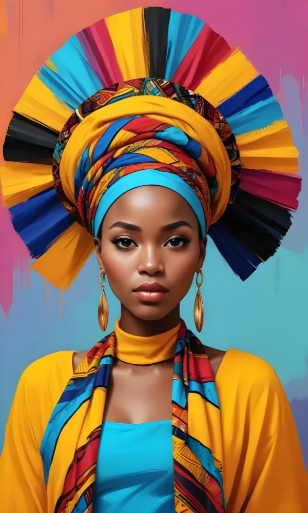 A Dark Skinned African Woman 23 Years Old With A Colorful Headdress And Big Golden Earrings Wearing A Yellow Dress With A Colorful Scarf In A Colorful Background 10 70ce 4523