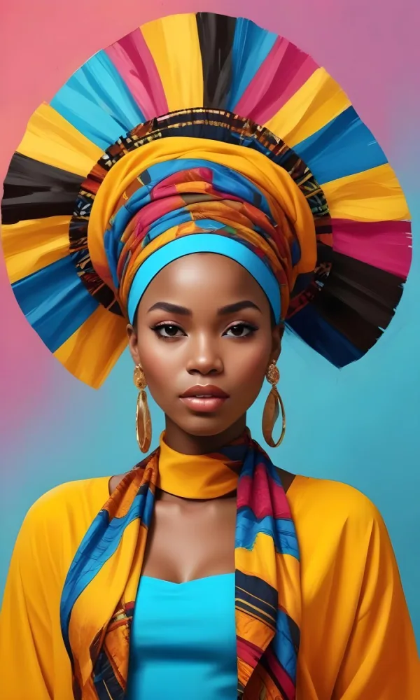 A Dark Skinned African Woman 23 Years Old With A Colorful Headdress And Big Golden Earrings Wearing A Yellow Dress With A Colorful Scarf In A Colorful Background 15 E2ae