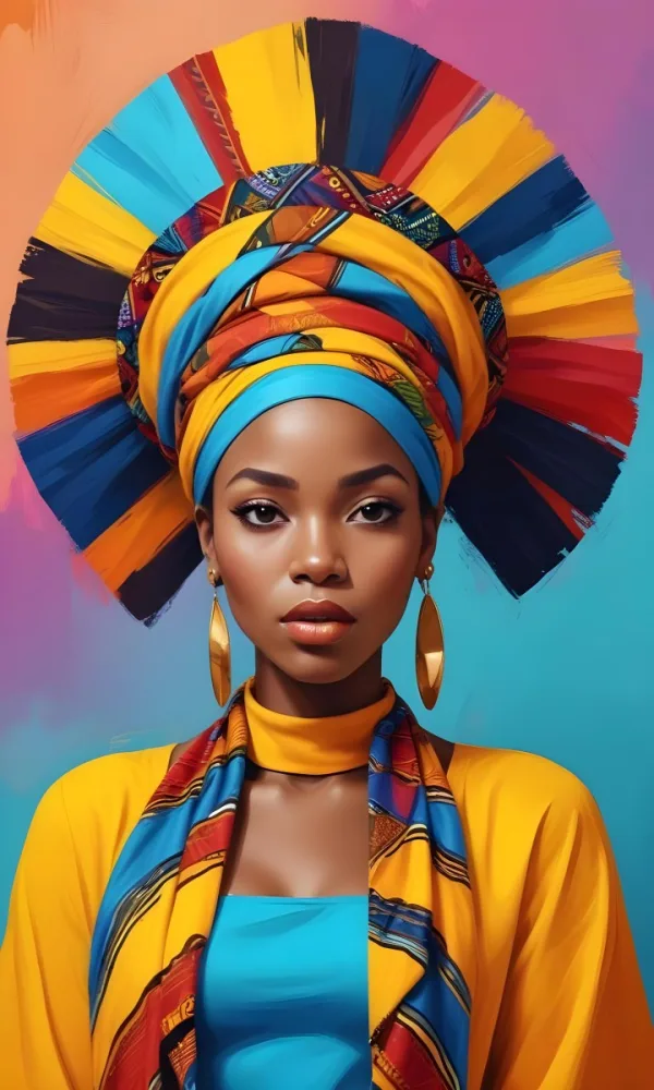 A Dark Skinned African Woman 23 Years Old With A Colorful Headdress And Big Golden Earrings Wearing A Yellow Dress With A Colorful Scarf In A Colorful Background 22 D880