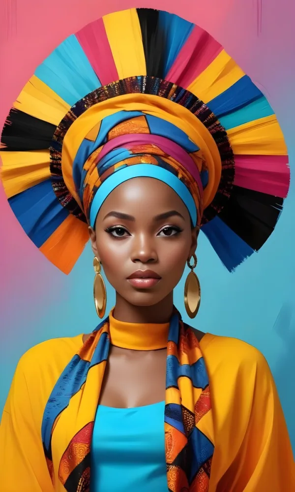 A Dark Skinned African Woman 23 Years Old With A Colorful Headdress And Big Golden Earrings Wearing A Yellow Dress With A Colorful Scarf In A Colorful Background 26 4b8b F64d