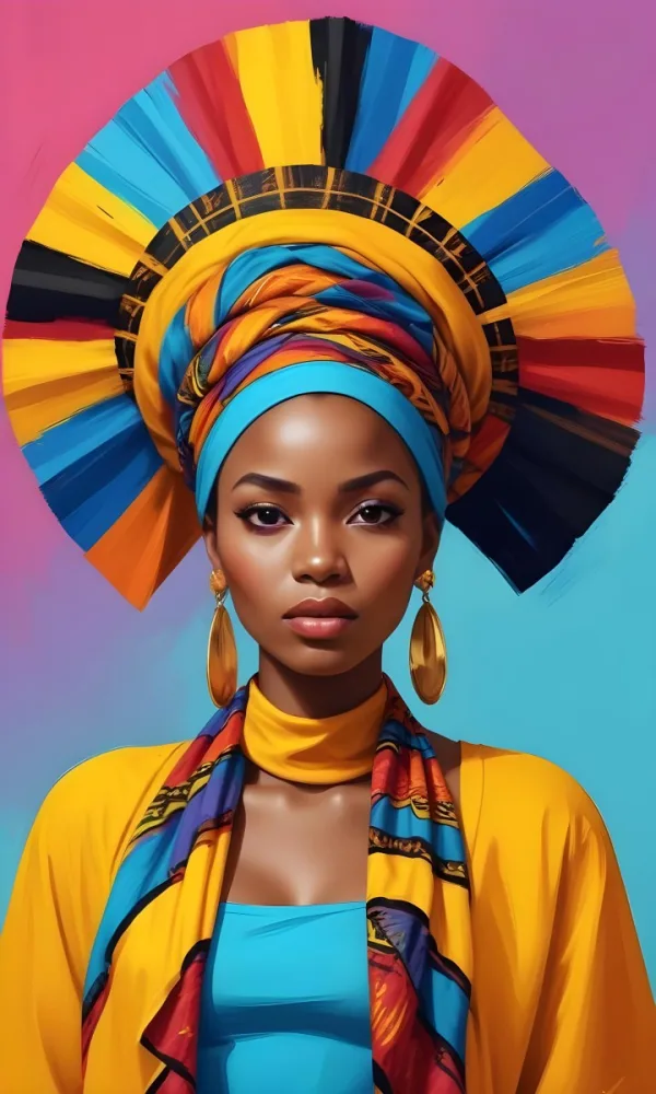 A Dark Skinned African Woman 23 Years Old With A Colorful Headdress And Big Golden Earrings Wearing A Yellow Dress With A Colorful Scarf In A Colorful Background 35 A372