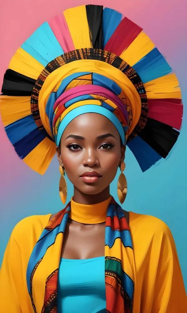 A Dark Skinned African Woman 23 Years Old With A Colorful Headdress And Big Golden Earrings Wearing A Yellow Dress With A Colorful Scarf In A Colorful Background 40 4727 B530
