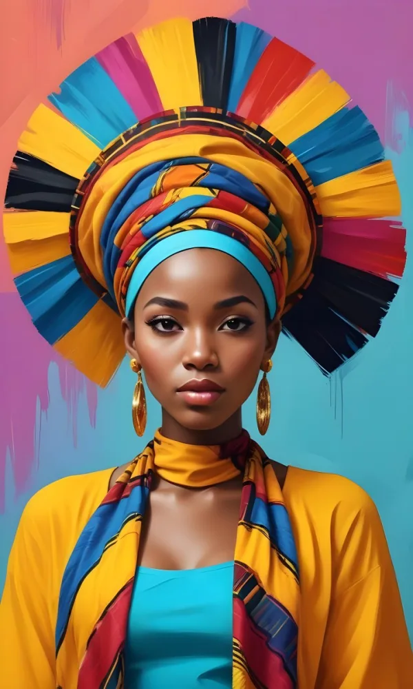 A Dark Skinned African Woman 23 Years Old With A Colorful Headdress And Big Golden Earrings Wearing A Yellow Dress With A Colorful Scarf In A Colorful Background 41 647f Ead3