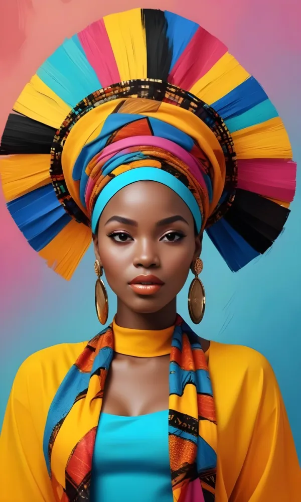 A Dark Skinned African Woman 23 Years Old With A Colorful Headdress And Big Golden Earrings Wearing A Yellow Dress With A Colorful Scarf In A Colorful Background 5 Bc92