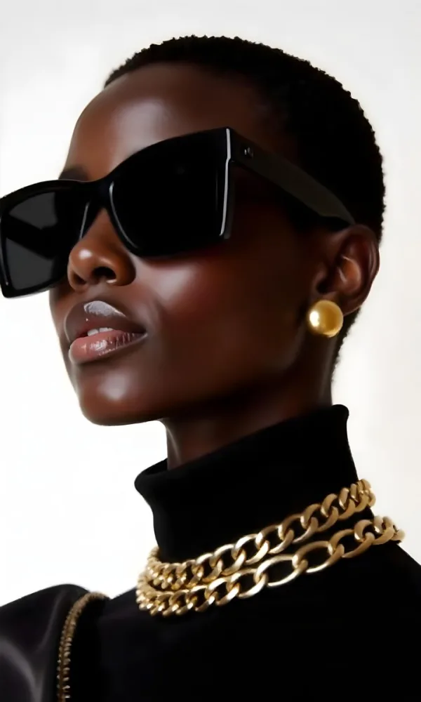A Dark Skinned Black Woman 23 Years Old Short Black Hair Wearing Black Sunglasses Gold Earrings And A Gold Chain In A White Background 27 B5ac