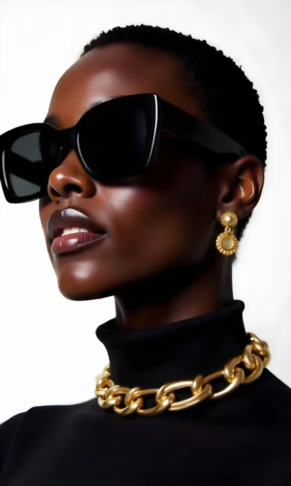 A Dark Skinned Black Woman 23 Years Old Short Black Hair Wearing Black Sunglasses Gold Earrings And A Gold Chain In A White Background 33 461d