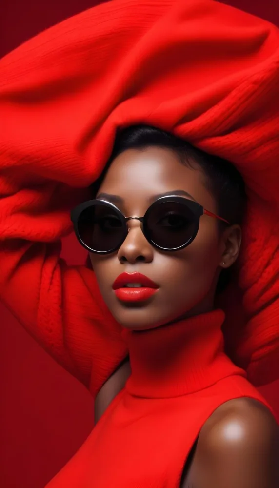 A Dark Skinned Black Woman 23 Years Old Short Black Hair Wearing Round Sunglasses And Red Lipstick With A Red Turtleneck Sweater In A Red Background 18 17fc