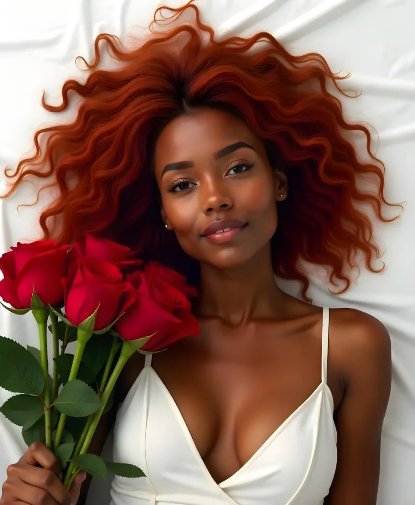 A Dark Skinned Woman 23 Years Old Red Hair Lying Down Next To A Bouquet Of Red Roses On A White Background 10 32bd