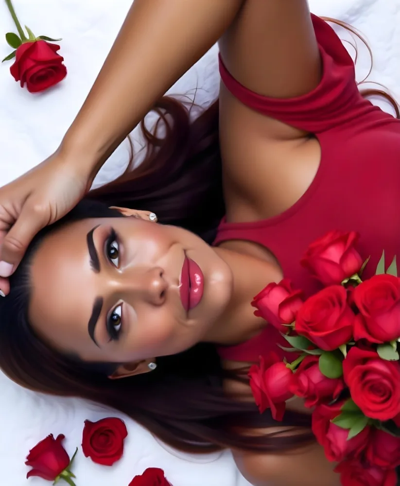 A Dark Skinned Woman 23 Years Old Red Hair Lying Down Next To A Bouquet Of Red Roses On A White Background 21 63e9