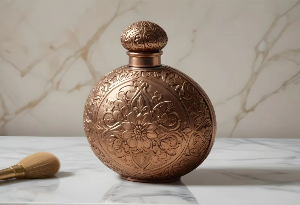 A Decorative Copper Or Bronze Perfume Bottle With An Intricate Floral And Geometric Pattern Engraved On The Surface The Bottle Has A Round Shape With A Narrow Neck And A Decorative Cap On Top Set Against A Marble Counte 13 3326