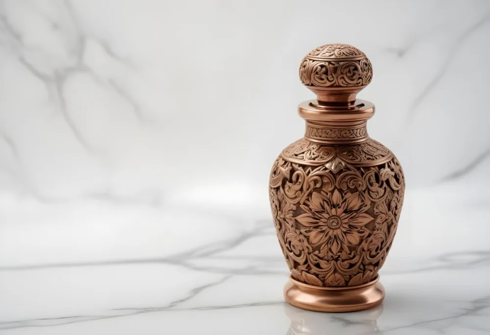 A Decorative Copper Or Bronze Perfume Bottle With An Intricate Floral And Geometric Pattern Engraved On The Surface The Bottle Has A Round Shape With A Narrow Neck And A Decorative Cap On Top Set Against A Marble Counte 16 3608