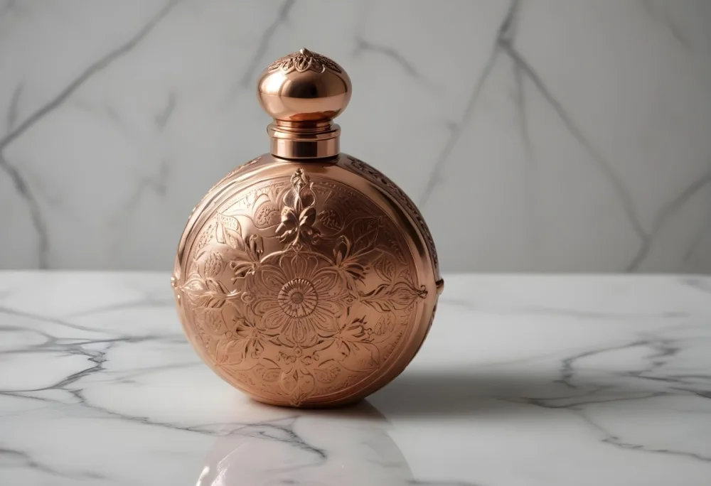 A Decorative Copper Or Bronze Perfume Bottle With An Intricate Floral And Geometric Pattern Engraved On The Surface The Bottle Has A Round Shape With A Narrow Neck And A Decorative Cap On Top Set Against A Marble Counte 22 71c7